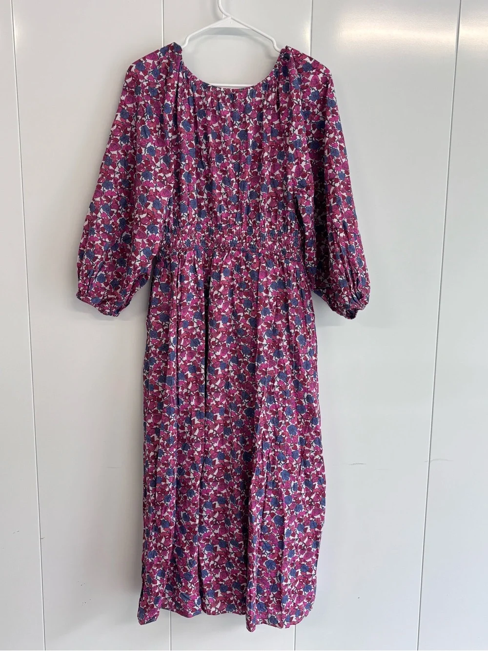 J.Crew Berry Floral Smocked Waist Long Sleeve Midi Dress Size Medium 100% Cotton